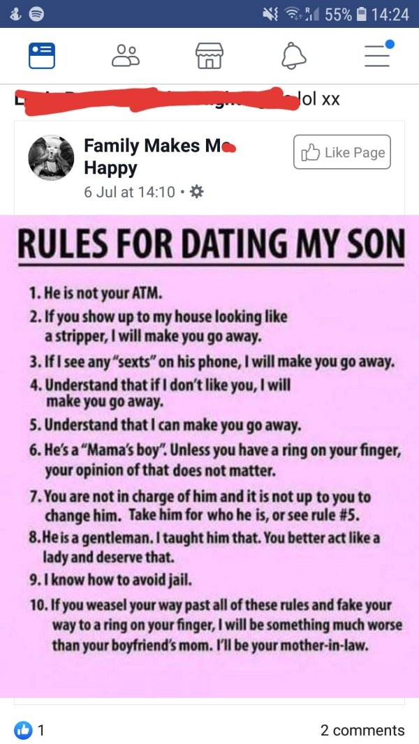 Page Family Makes Ma Happy 6 Jul at Rules For Dating My Son 1. He is not your Atm. 2. If you show up to my house looking a stripper, I will make you go away. 3. If I see any