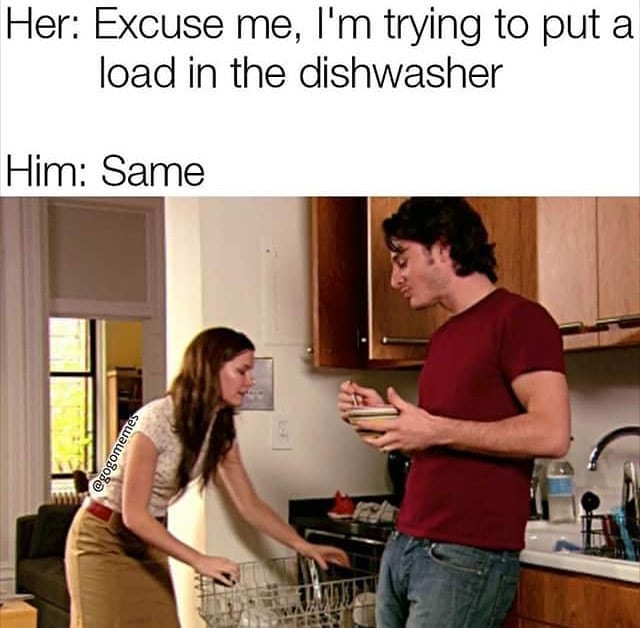load in dishwasher meme - Her Excuse me, I'm trying to put a load in the dishwasher Him Same