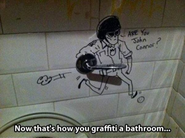 bathroom graffiti art - Are You John 2 Connor C Now that's how you graffiti a bathroom...