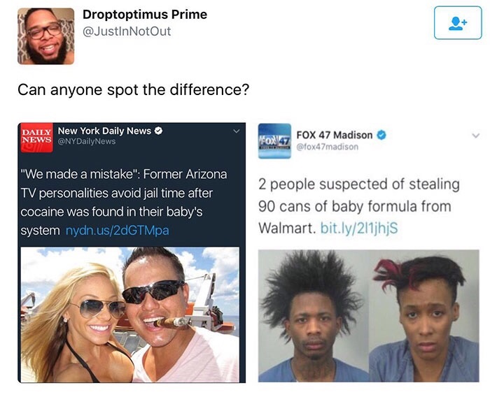 black people steal - Droptoptimus Prime Een Can anyone spot the difference? Daily New York Daily News News DailyNews FOX147 Fox 47 Madison "We made a mistake" Former Arizona Tv personalities avoid jail time after cocaine was found in their baby's system n