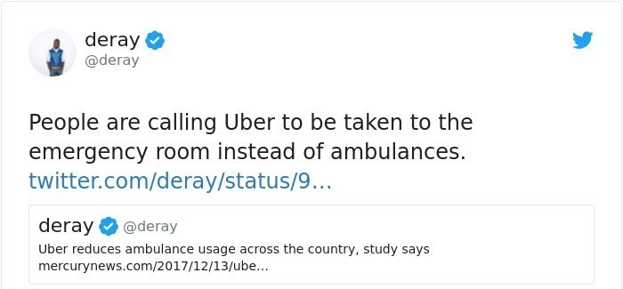 web page - deray People are calling Uber to be taken to the emergency room instead of ambulances. twitter.comderaystatus9.. deray Uber reduces ambulance usage across the country, study says mercurynews.comube...