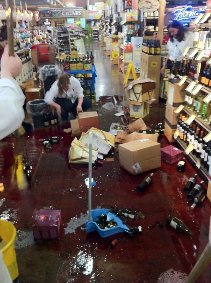 cases of wine smashed on the floor