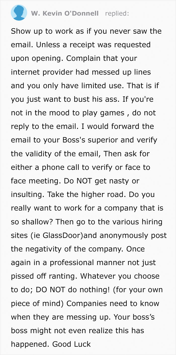 Fired guy gets advise on how to respond to his boss.
