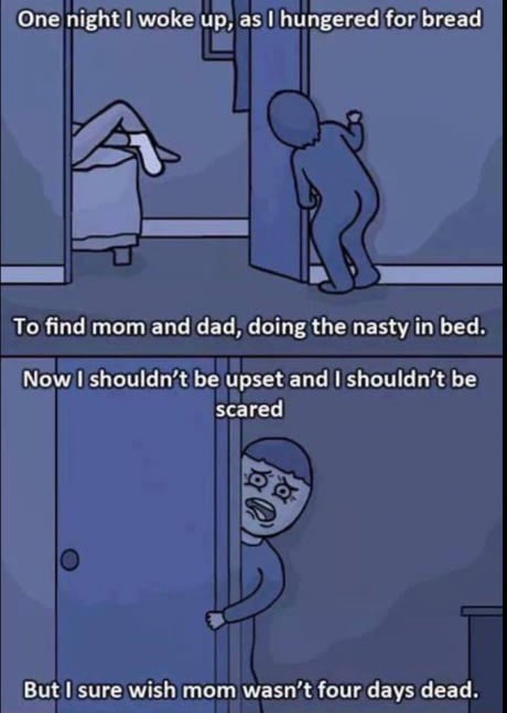 One night I woke up, as I hungered for bread To find mom and dad, doing the nasty in bed. Now I shouldn't be upset and I shouldn't be scared But I sure wish mom wasn't four days dead.