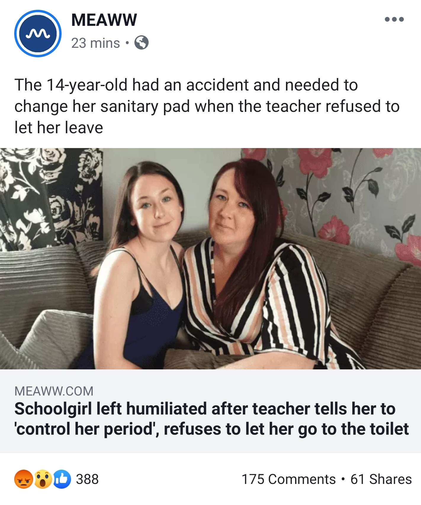 The 14yearold had an accident and needed to change her sanitary pad when the teacher refused to let her leave Meaww.Com Schoolgirl left humiliated after teacher tells her to 'control her period', refuses to let her go to the toilet