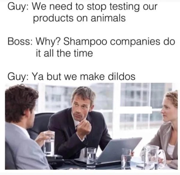animal testing dildo meme - Guy We need to stop testing our products on animals Boss Why? Shampoo companies do it all the time Guy Ya but we make dildos