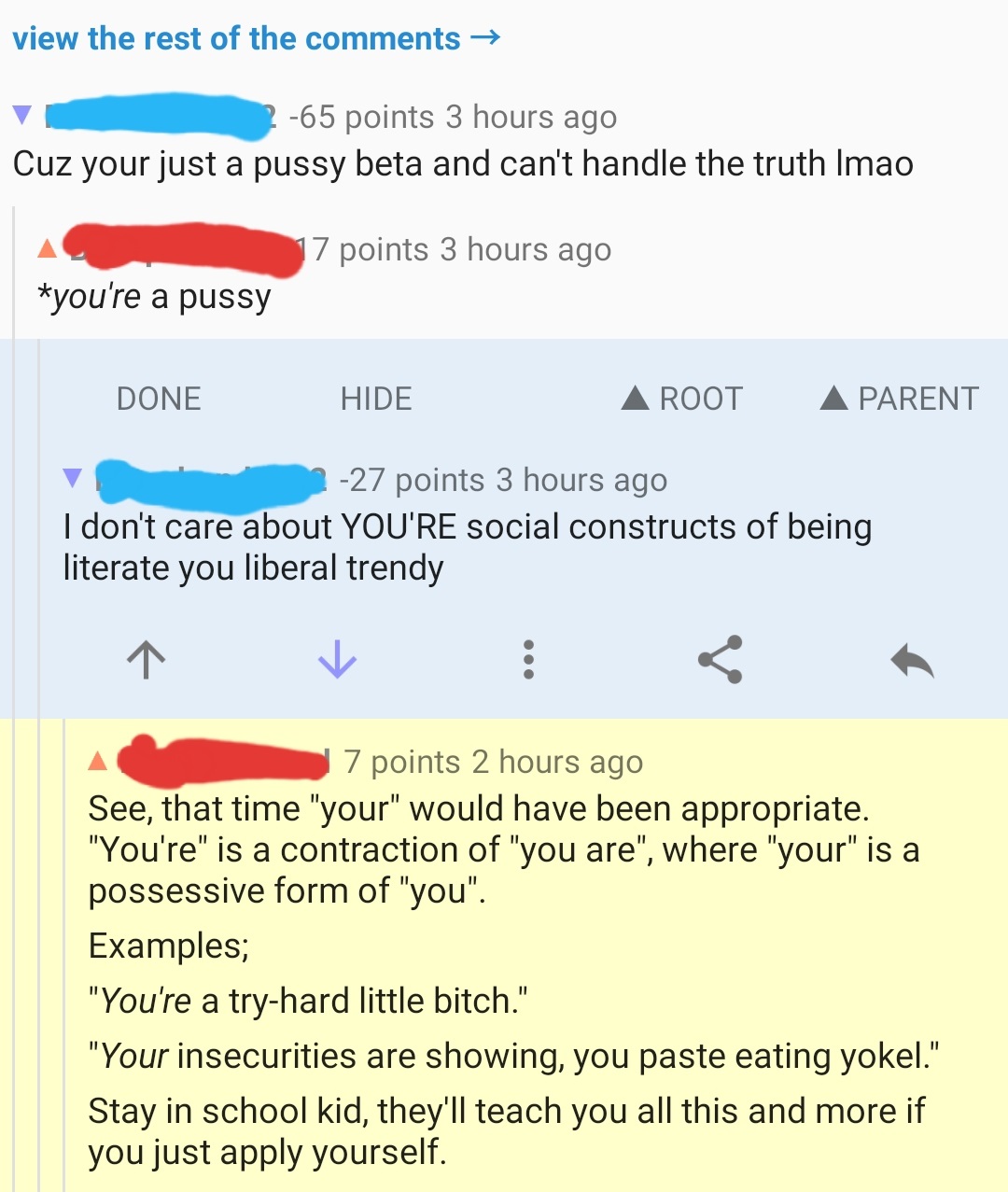Cuz your just a pussy beta and can't handle the truth Imao 17 points 3 hours ago you're a pussy Done Hide A Root A Parent 27 points 3 hours ago I don't care about You'Re social constructs of being lite