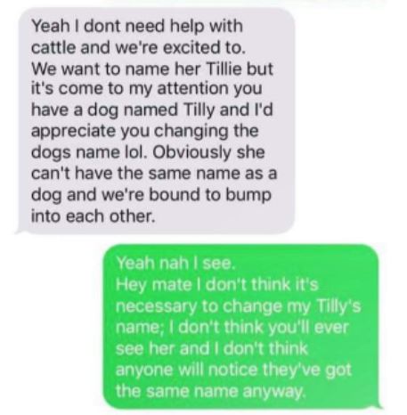 Yeah I dont need help with cattle and we're excited to. We want to name her Tillie but it's come to my attention you have a dog named Tilly and I'd appreciate you changing the dogs name lol. Obviously she can't have the same name as a dog and w