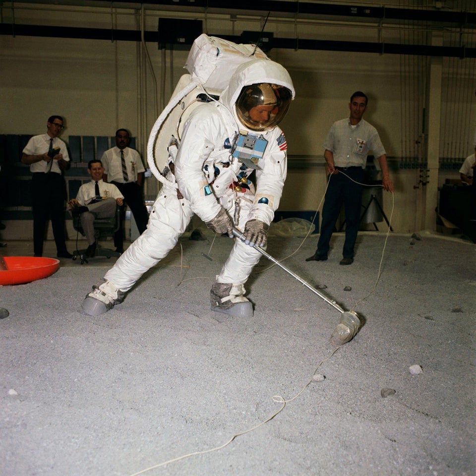 Atronaut Neil Armstrong participates in lunar surface simulation training. April 18, 1969.