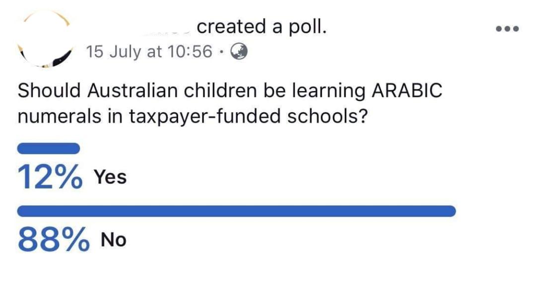 created a poll. 15 July at Should Australian children be learning Arabic numerals in taxpayerfunded schools? 12% Yes 88% No