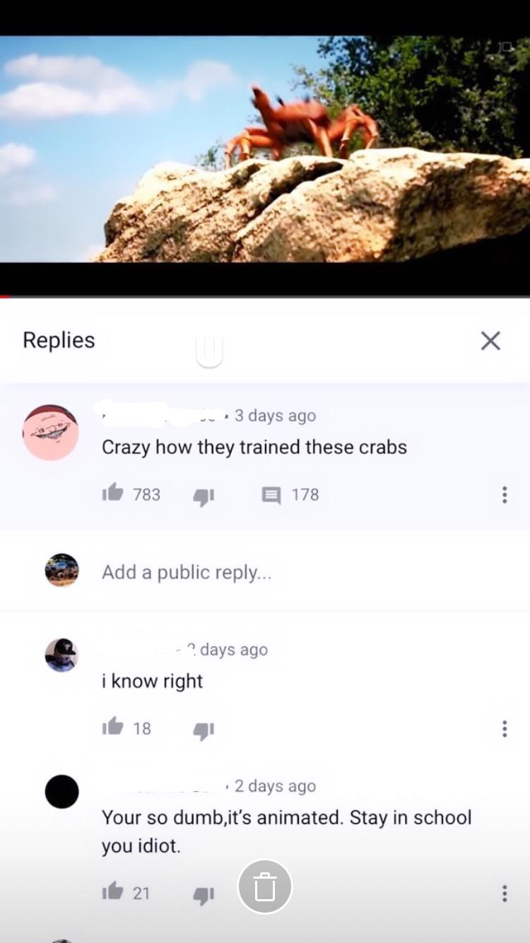 screenshot - Replies ... 3 days ago Crazy how they trained these crabs it 783 41 178 Add a public ... ? days ago i know right it 18 41 2 days ago Your so dumb,it's animated. Stay in school you idiot it 21 Alu