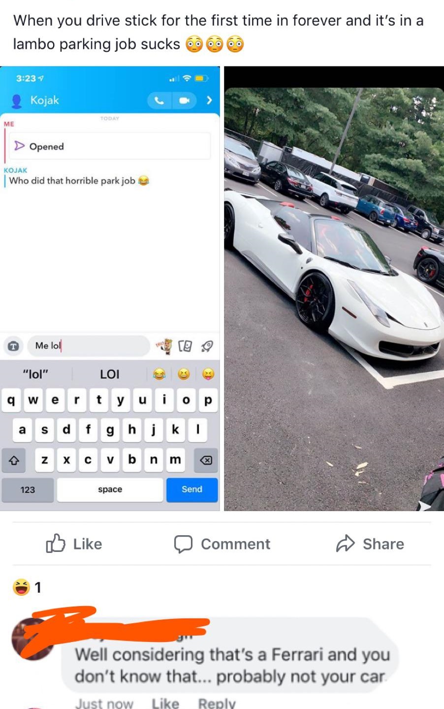 vehicle door - When you drive stick for the first time in forever and it's in a lambo parking job sucks 666 Kojak Today Me > Opened Kojak Who did that horrible park job Me lol "lo" Loi es 2 a s d f g h i kl 123 space Send 0 Comment @ Well considering that