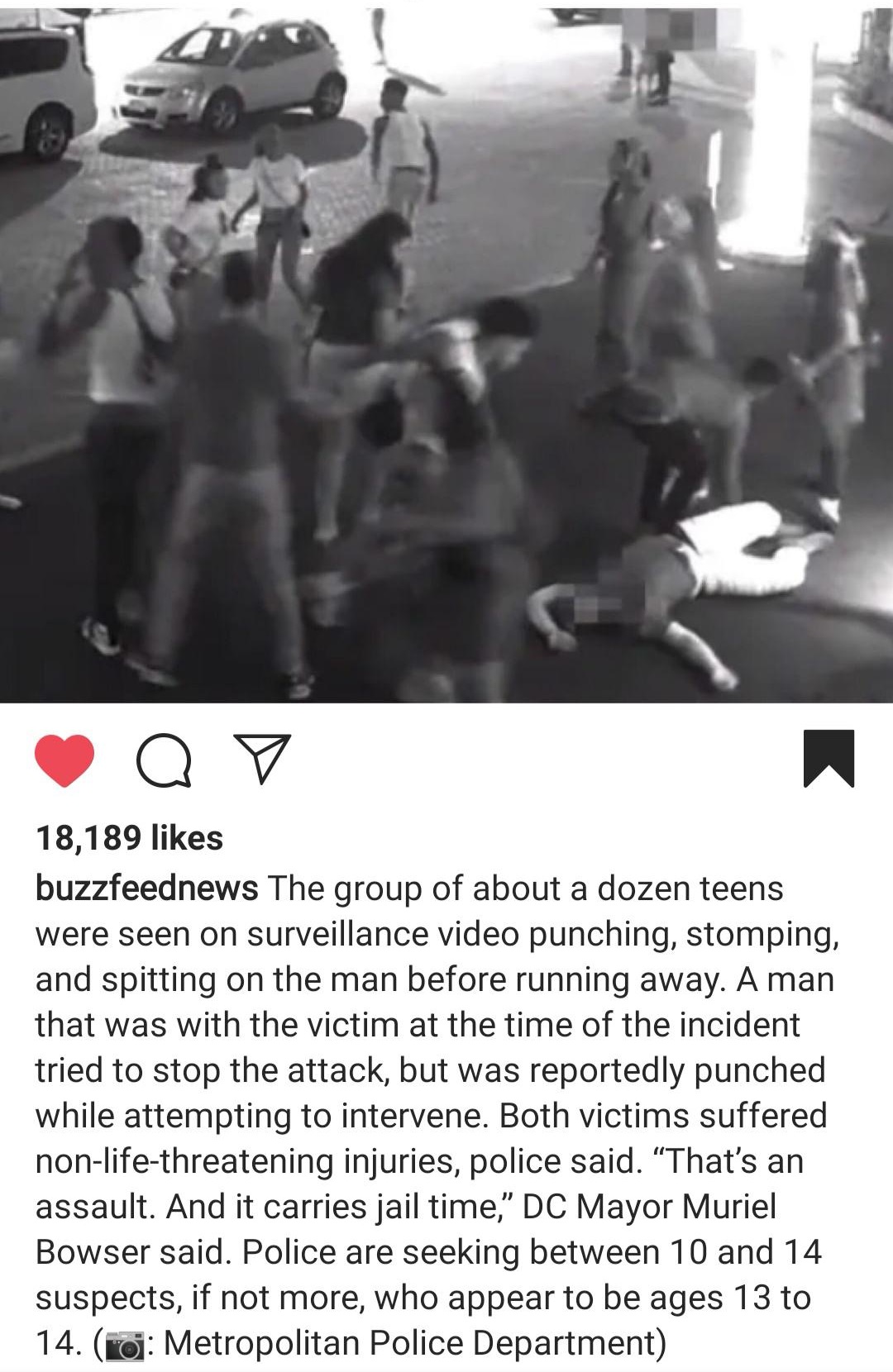 The group of about a dozen teens were seen on surveillance video punching, stomping, and spitting on the man before running away. A man that was with the victim at the time of the incident tried to stop the attack, but