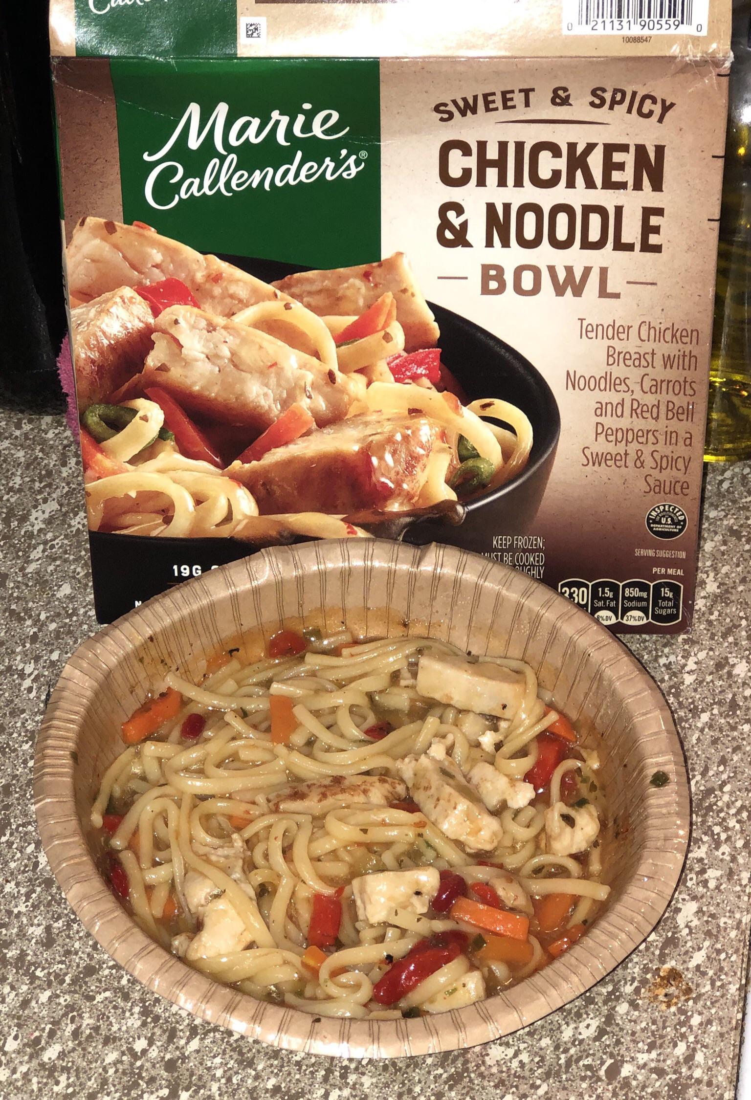 dish - Marie Callender's Sweet & Spicy Chicken & Noodle Bowl Tender Chicken Breast with Noodles, Carrots and Red Beif Peppers in a Sweet & Spicy Sauce