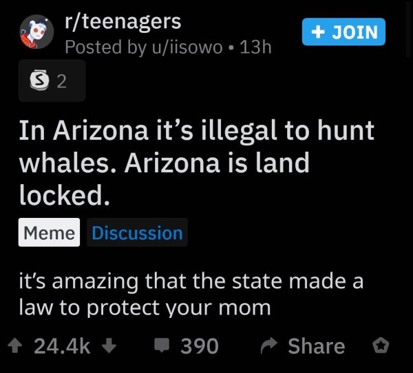 join rteenagers Posted by uiisowo 13h 52 In Arizona it's illegal to hunt whales. Arizona is land locked. Meme Discussion it's amazing that the state made a law to protect your mom 1 390