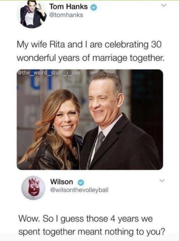 tom hanks meme - Tom Hanks My wife Rita and I are celebrating 30 wonderful years of marriage together. i Wilson Wow. So I guess those 4 years we spent together meant nothing to you?