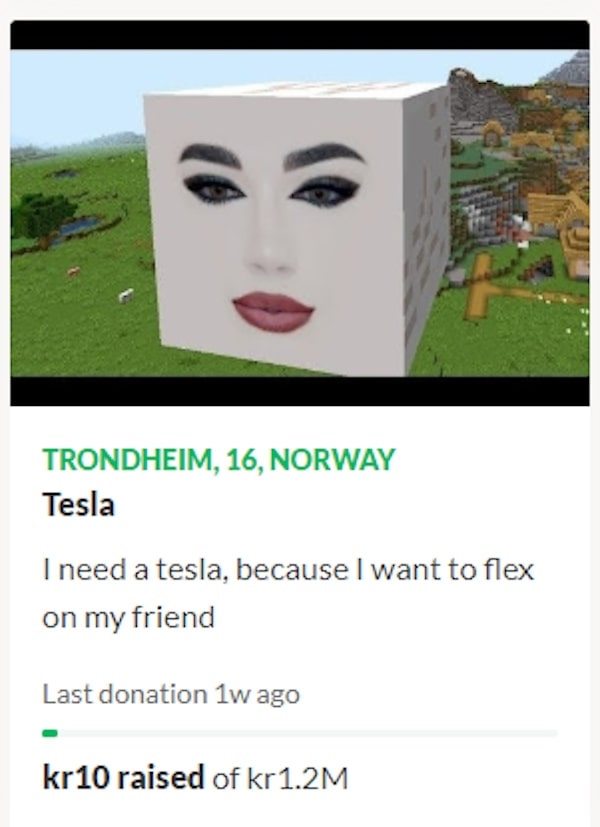 Trondheim, 16, Norway Tesla I need a tesla, because I want to flex on my friend Last donation lw ago kr10 raised of kr 1.2M