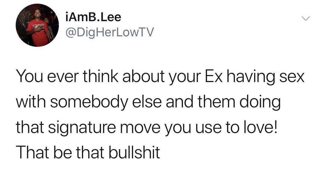 You ever think about your Ex having sex with somebody else and them doing that signature move you use to love! That be that bullshit