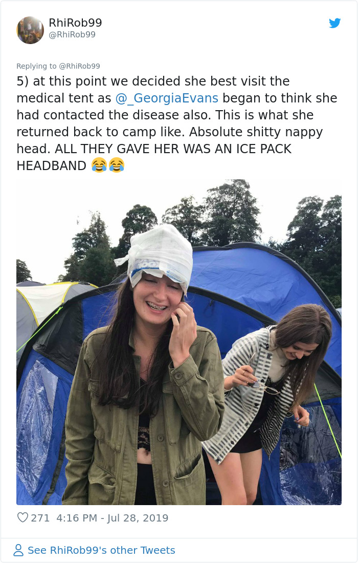 at this point we decided she best visit the medical tent as Evans began to think she had contacted the disease also. This is what she returned back to camp . Absolute shitty nappy head. All They Gave Her Was An Ice Pack Headband 271 See…