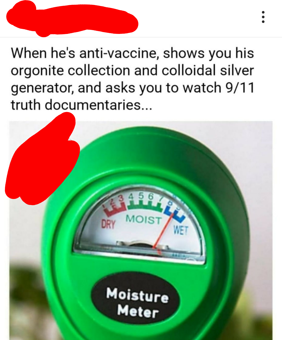 gauge - When he's antivaccine, shows you his orgonite collection and colloidal silver generator, and asks you to watch 911 truth documentaries... Ar Dry Moist We Moisture Meter