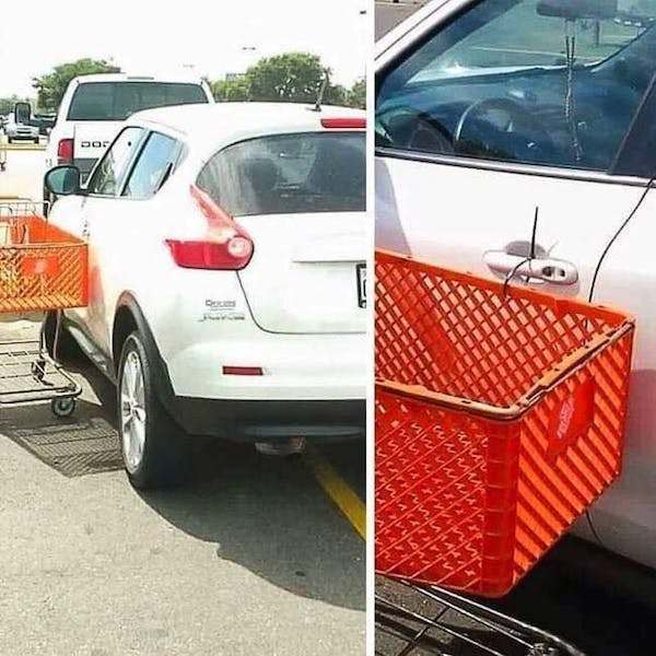 shopping cart zip tied to car