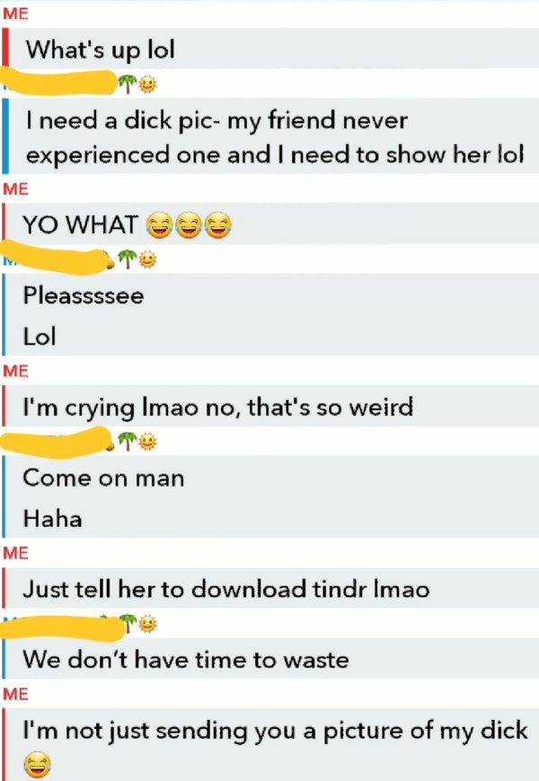 screenshot - Me What's up lol | I need a dick pic my friend never experienced one and I need to show her lol Me Yo What Te Pleassssee Lol Me I'm crying Imao no, that's so weird Come on man Haha Me Just tell her to download tindr Imao We don't have time to