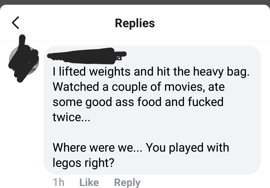 Replies I lifted weights and hit the heavy bag. Watched a couple of movies, ate some good ass food and fucked twice... Where were we... You played with legos right? 1h
