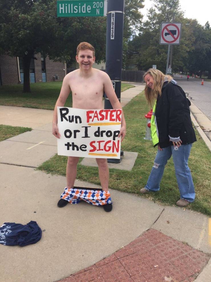 funny marathon signs - Hillside 2001 Oo90 Run Faster or I drop the Sign Cat