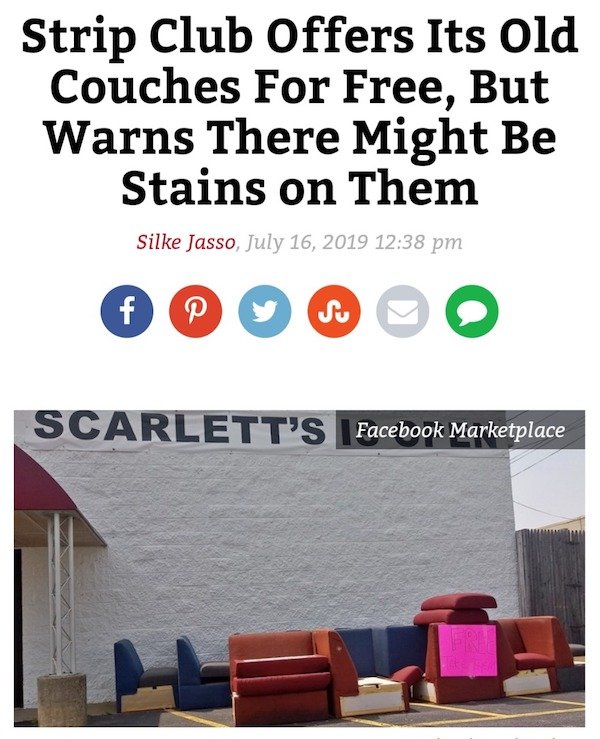 Strip Club Offers Its Old Couches For Free, But Warns There Might Be Stains on Them Silke Jasso, Facebook Marketplace