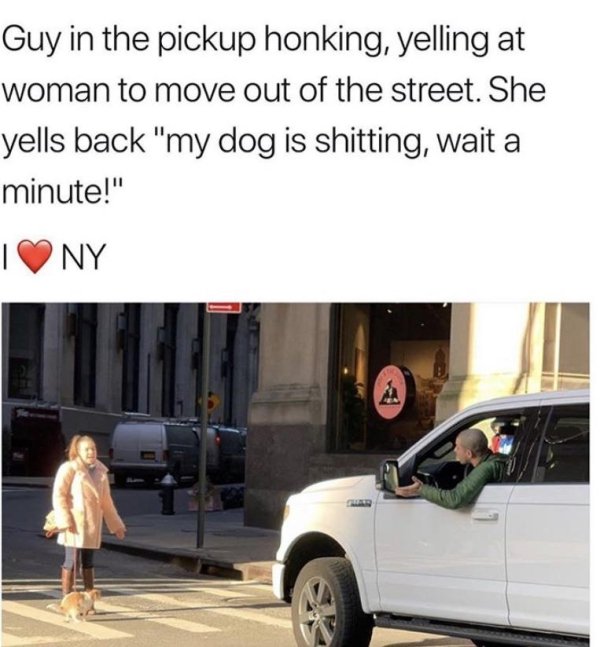 Dog - Guy in the pickup honking, yelling at woman to move out of the street. She yells back "my dog is shitting, wait a minute!" Iny