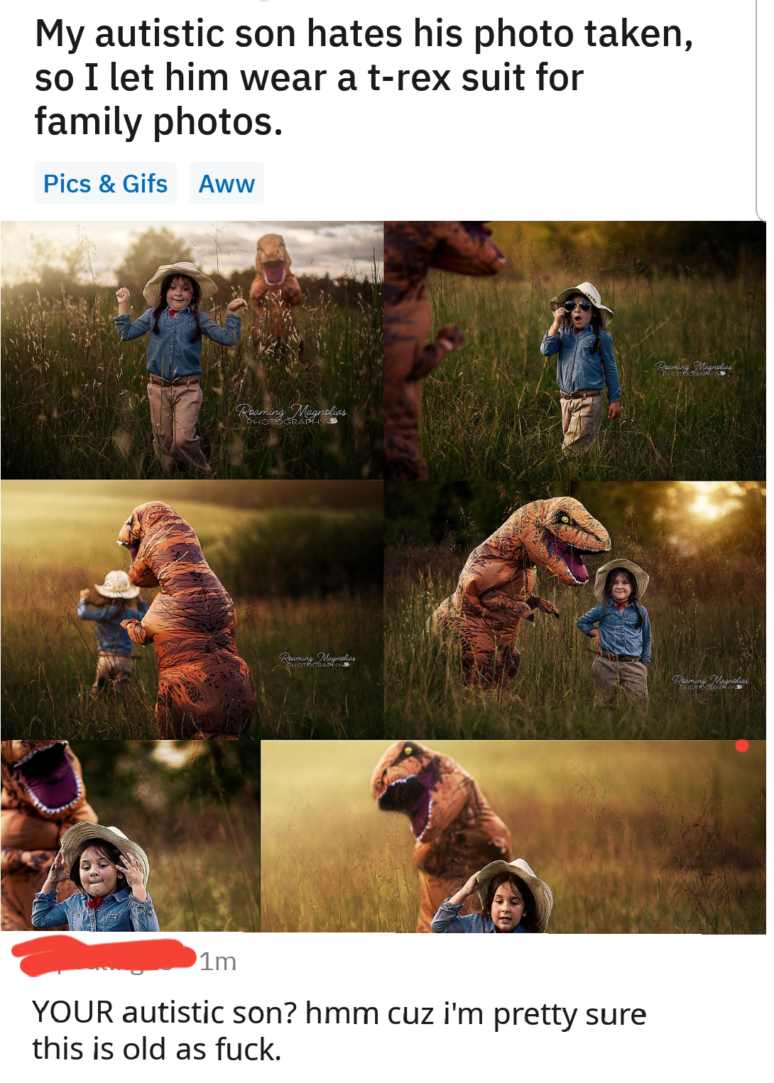 grass - My autistic son hates his photo taken, so I let him wear a trex suit for family photos. Pics & Gifs Aww Your autistic son? hmm cuz i'm pretty sure this is old as fuck.
