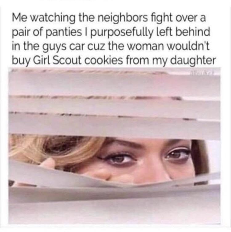 nerd jokes - Me watching the neighbors fight over a pair of panties I purposefully left behind in the guys car cuz the woman wouldn't buy Girl Scout cookies from my daughter