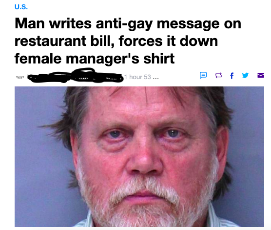 photo caption - U.S. Man writes antigay message on restaurant bill, forces it down female manager's shirt 1 hour 53 ...