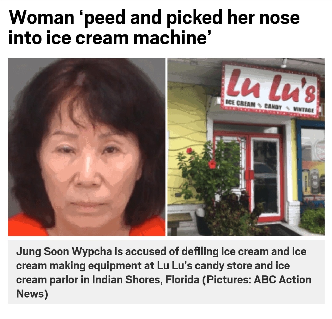 media - Woman 'peed and picked her nose into ice cream machine' Lu Lu's Ice Cream Canoy Vintage Jung Soon Wypcha is accused of defiling ice cream and ice cream making equipment at Lu Lu's candy store and ice cream parlor in Indian Shores, Florida Pictures