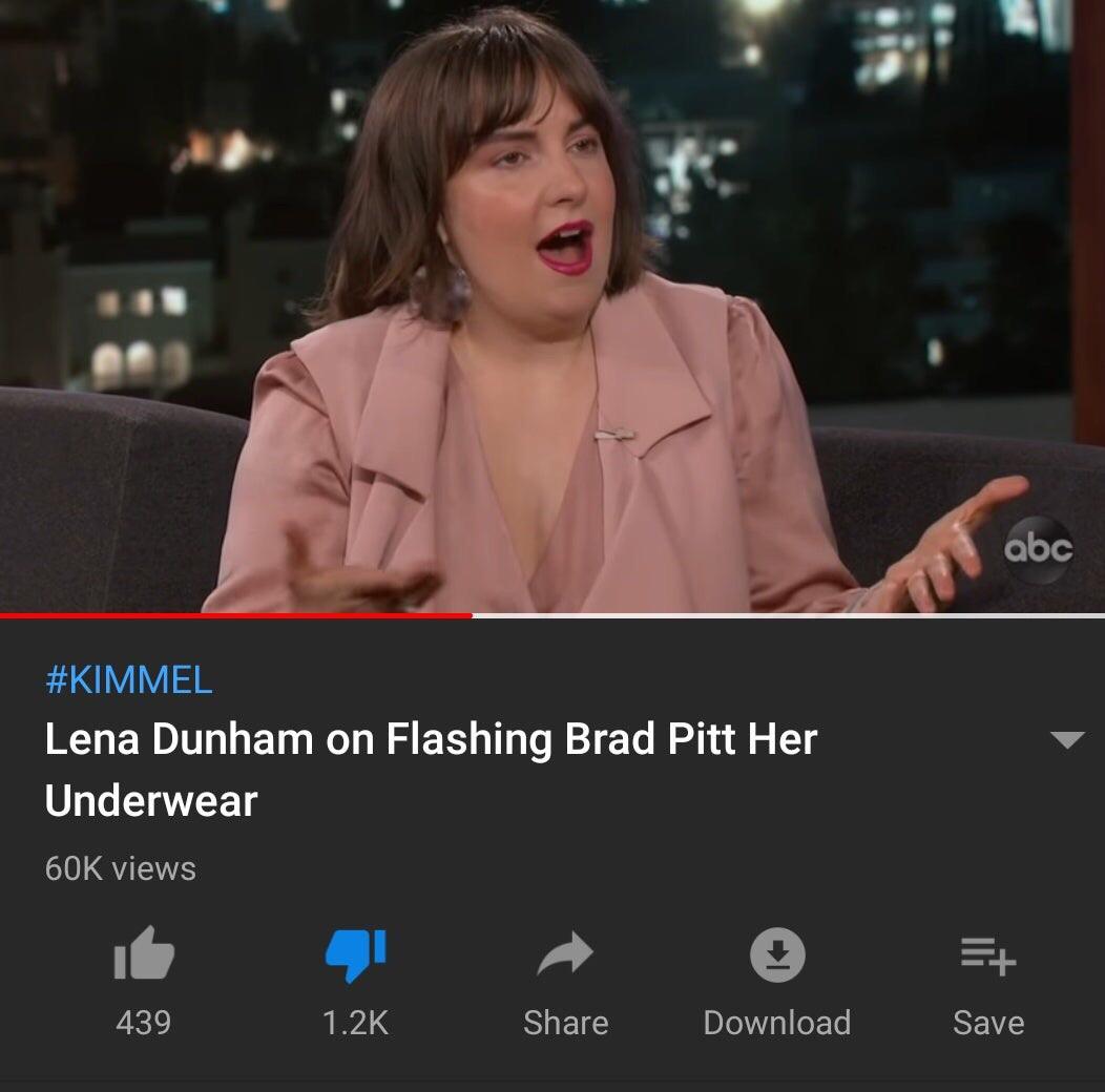photo caption - abc Lena Dunham on Flashing Brad Pitt Her Underwear 60K views 439 Download Save