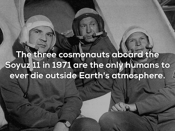 The three cosmonauts aboard the Soyuz 11 in 1971 are the only humans to ever die outside Earth's atmosphere.