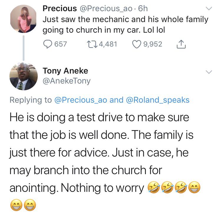 Just saw the mechanic and his whole family going to church in my car. Lol lol 9 657 224,481 9,952 Tony Aneke and He is doing a test drive to make sure that the job is well done. The family is just there for advice. Just in case, he m