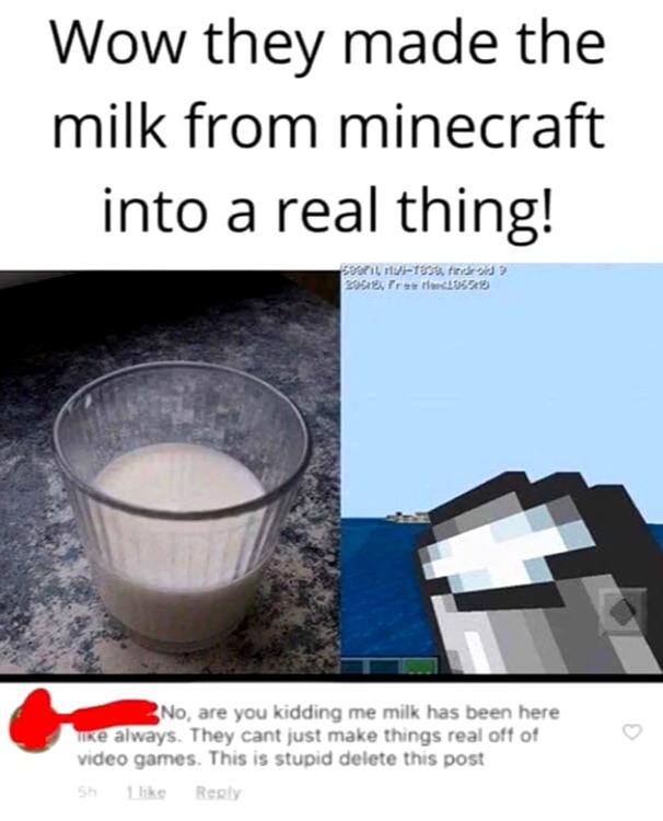 small brain meme - Wow they made the milk from minecraft into a real thing! Life Free Hoc14520 No, are you kidding me milk has been here Tre always. They cant just make things real off of video games. This is stupid delete this post 5h I