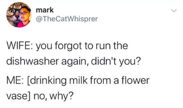 dog throwing up alarm clock meme - mark Wife you forgot to run the dishwasher again, didn't you? Me drinking milk from a flower vase no, why?