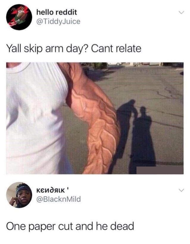 one paper cut he dead - hello reddit Yall skip arm day? Cant relate ! One paper cut and he dead
