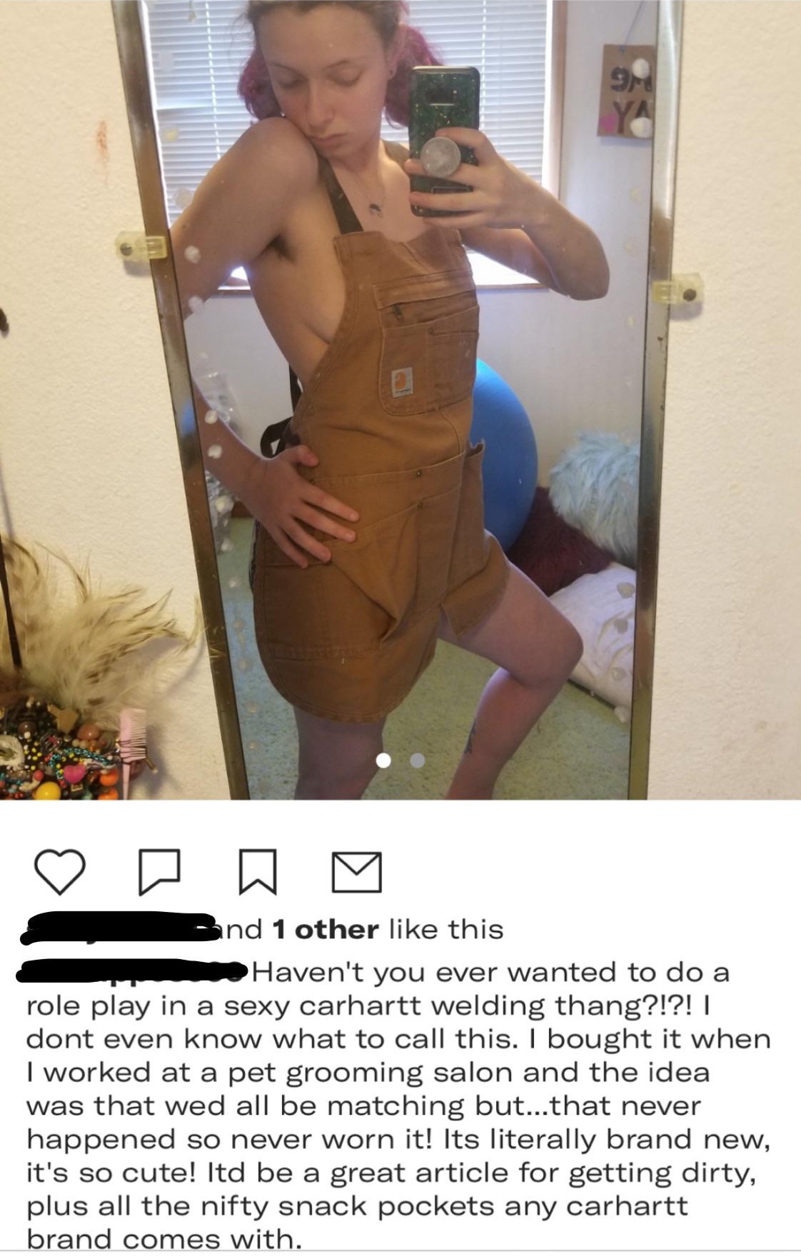 Haven't you ever wanted to do a role play in a sexy carhartt welding thang?!?! | dont even know what to call this. I bought it when I worked at a pet grooming salon and the idea was that wed all be matching but...that never ha