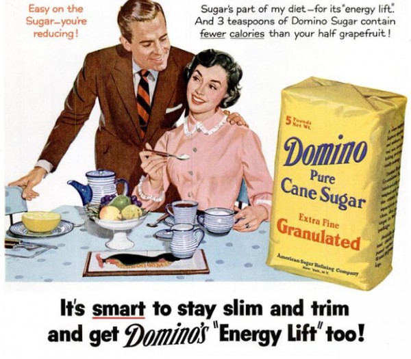 vintage sugar ads - Easy on the Sugaryou're reducing! Sugar's part of my diet for its energy lift! And 3 teaspoons of Domino Sugar contain fewer calories than your half grapefruit ! 5 Domino Pure Cane Sugar Extra Fine Granulated Aman Super Raining Comp It