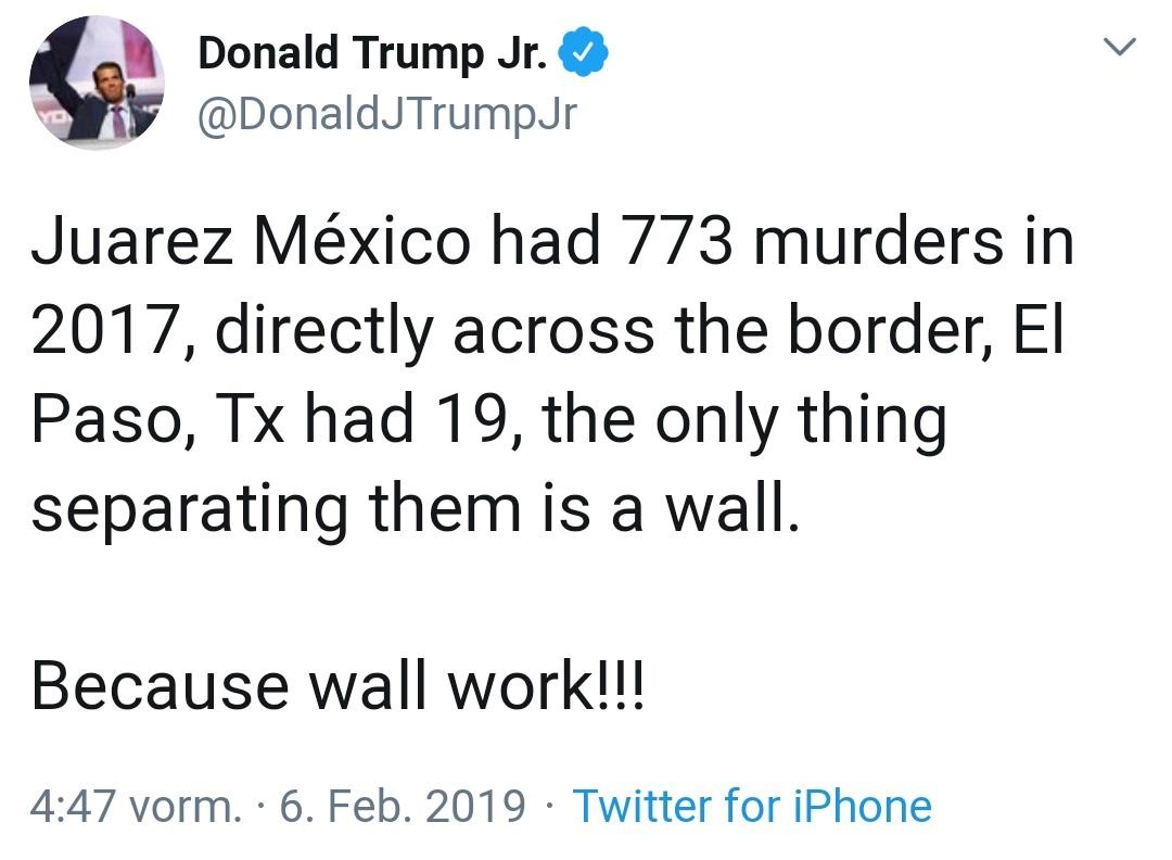 drake fouseytube twitter - Donald Trump Jr. Juarez Mxico had 773 murders in 2017, directly across the border, El Paso, Tx had 19, the only thing separating them is a wall. Because wall work!!! vorm. 6. Feb. 2019 Twitter for iPhone