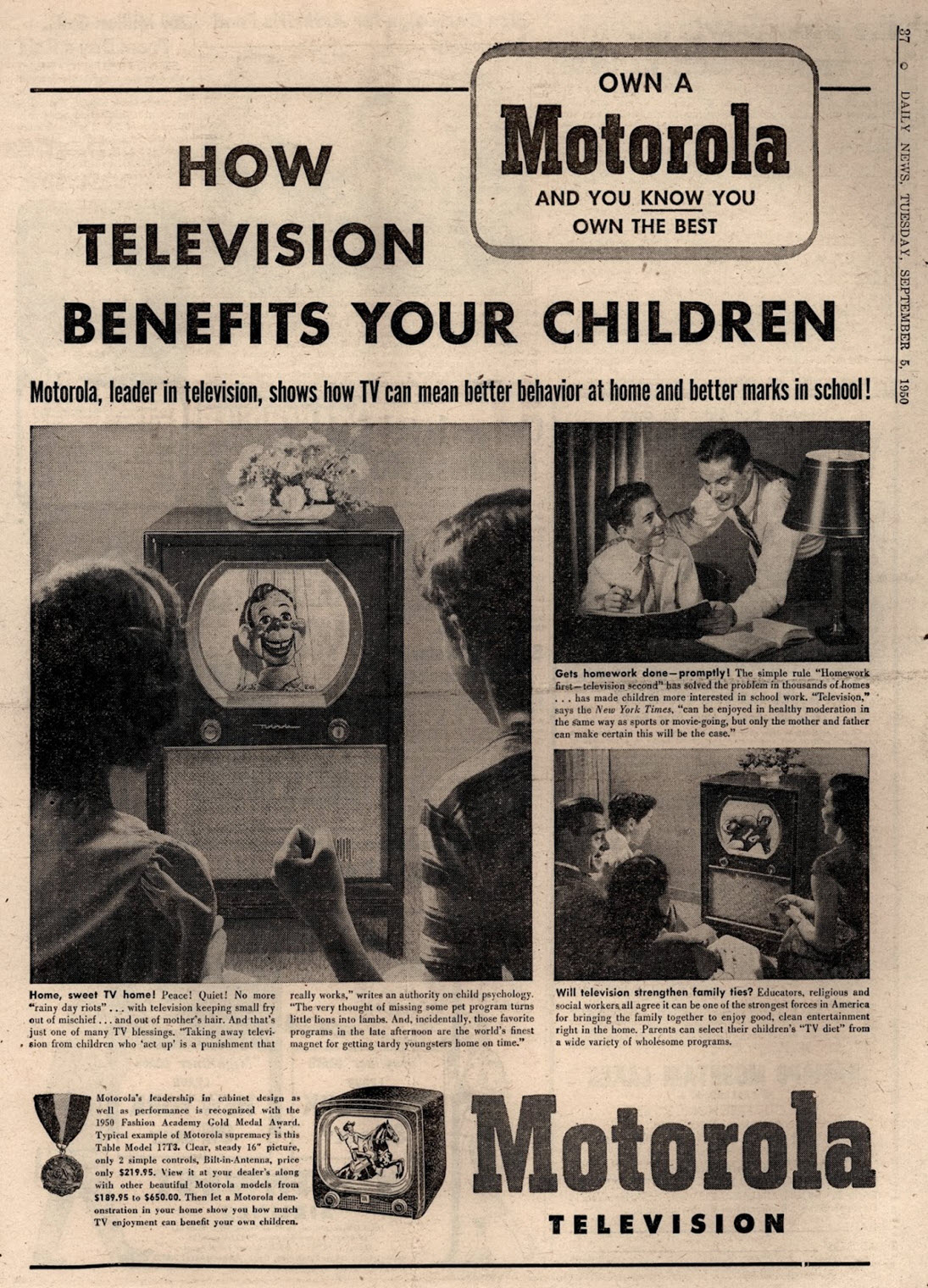 vintage ads - Own A How Motorola Television Benefits Your Children And You Know You Own The Best Motorola, leader in television, shows how Tv can mean better behavior at home and better marks in school! Motorola Television