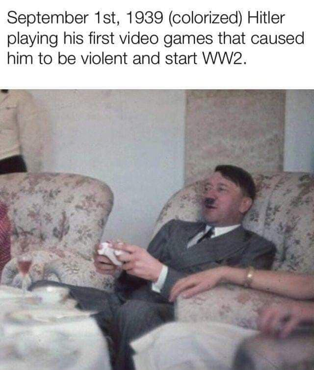 hitler playing his first video game - September 1st, 1939 colorized Hitler playing his first video games that caused him to be violent and start WW2.