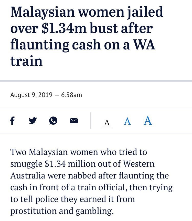 janelle manahan - Malaysian women jailed over $1.34m bust after flaunting cash on a Wa train 6.58am f y 9 Two Malaysian women who tried to smuggle $1.34 million out of Western Australia were nabbed after flaunting the cash in front of a train official, th