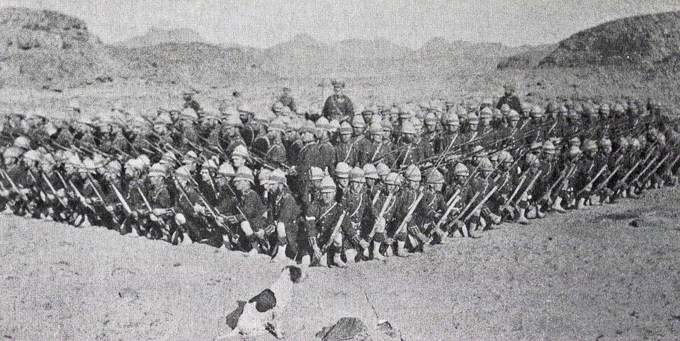 Cameron Highlanders demonstrating how they form a square in the desert. Around the Battle of Atbara on 8th April 1898 in the Sudanese War.