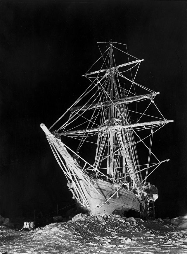 Polar Exploration ship "Endurance". Trapped by ice and lit by flares all of the crew survived, 1915.