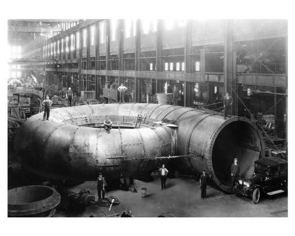 Spiral casing for the 70k HP Niagara Falls turbine, being manufactured at the Allis-Chalmers Manufacturing Company, Milwaukee, WI, ca 1922.