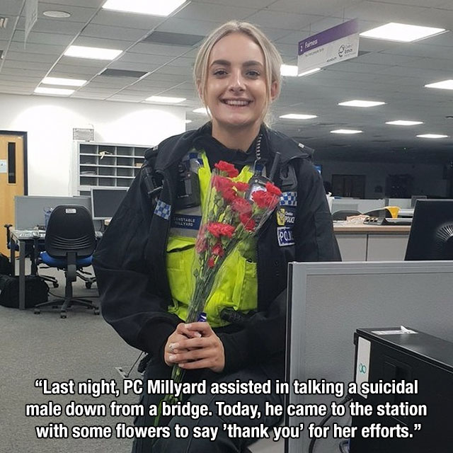 pc millyard - Last night, Pc Millyard assisted in talking a suicidal male down from a bridge. Today, he came to the station with some flowers to say thank you for her efforts.